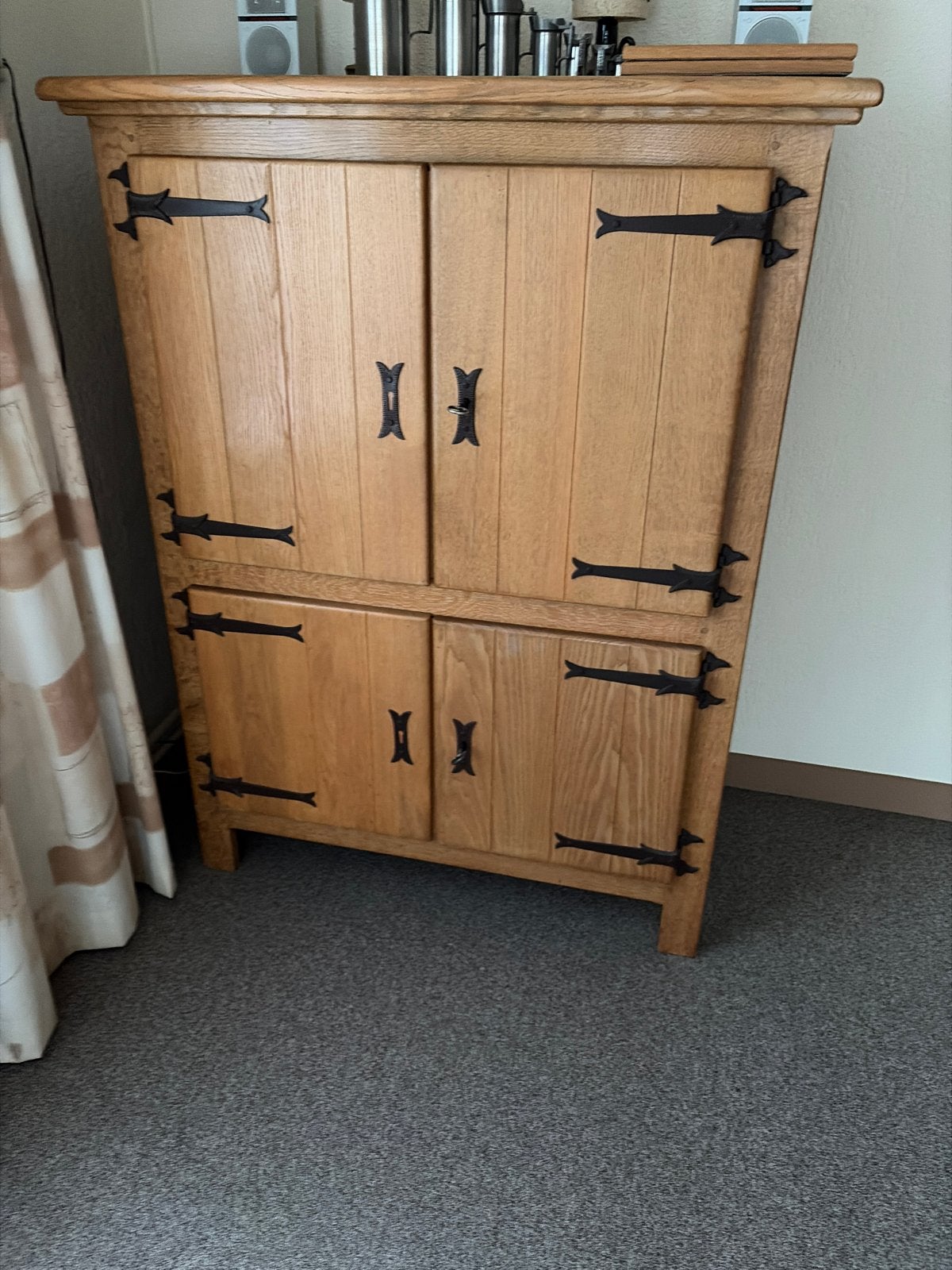 Retro massief eiken tv-kast met uitschuifbaar blad, Ophalen, Gebruikt, 100 tot 150 cm, Eikenhout