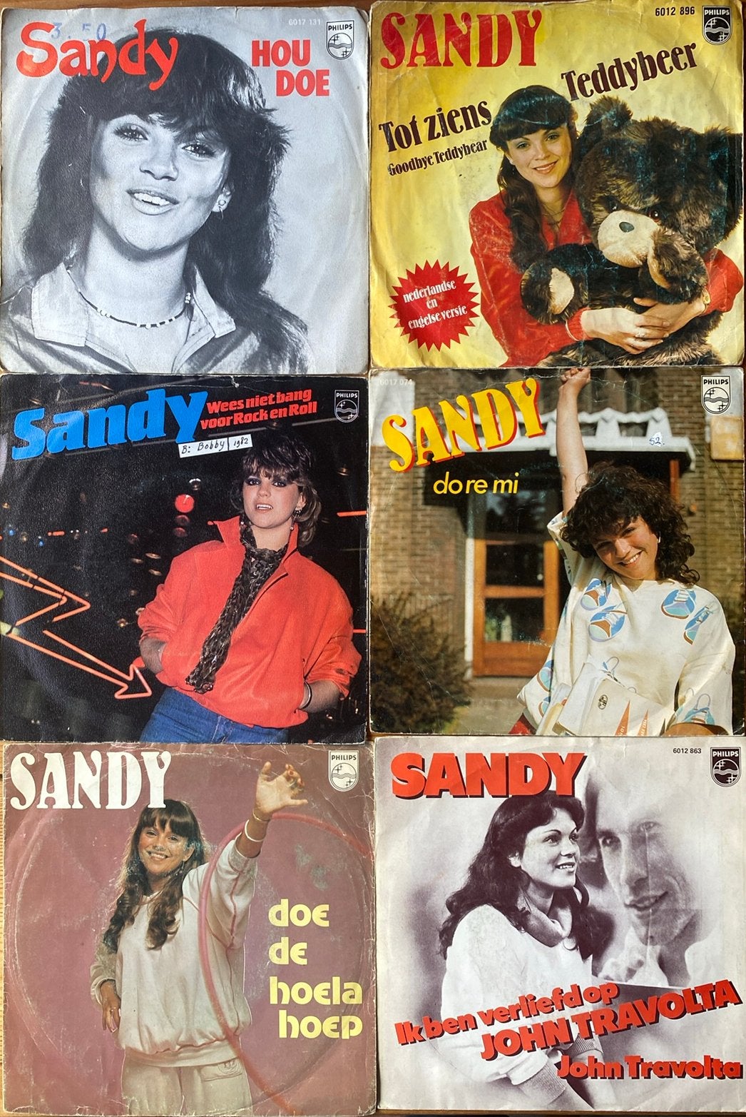 6 Singles van Sandy, Gebruikt, Fotohoes, 7 inch, Ophalen of Verzenden