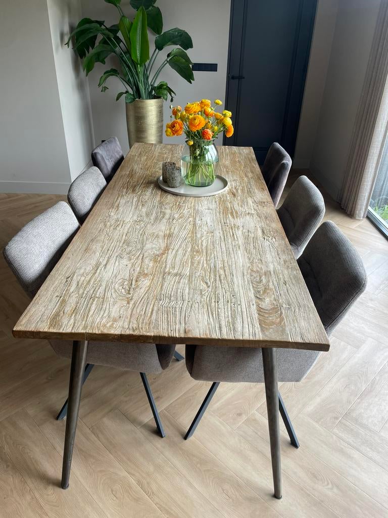 Grote houten eettafel 220 cm, Ophalen, Gebruikt, 200 cm of meer, 50 tot 100 cm