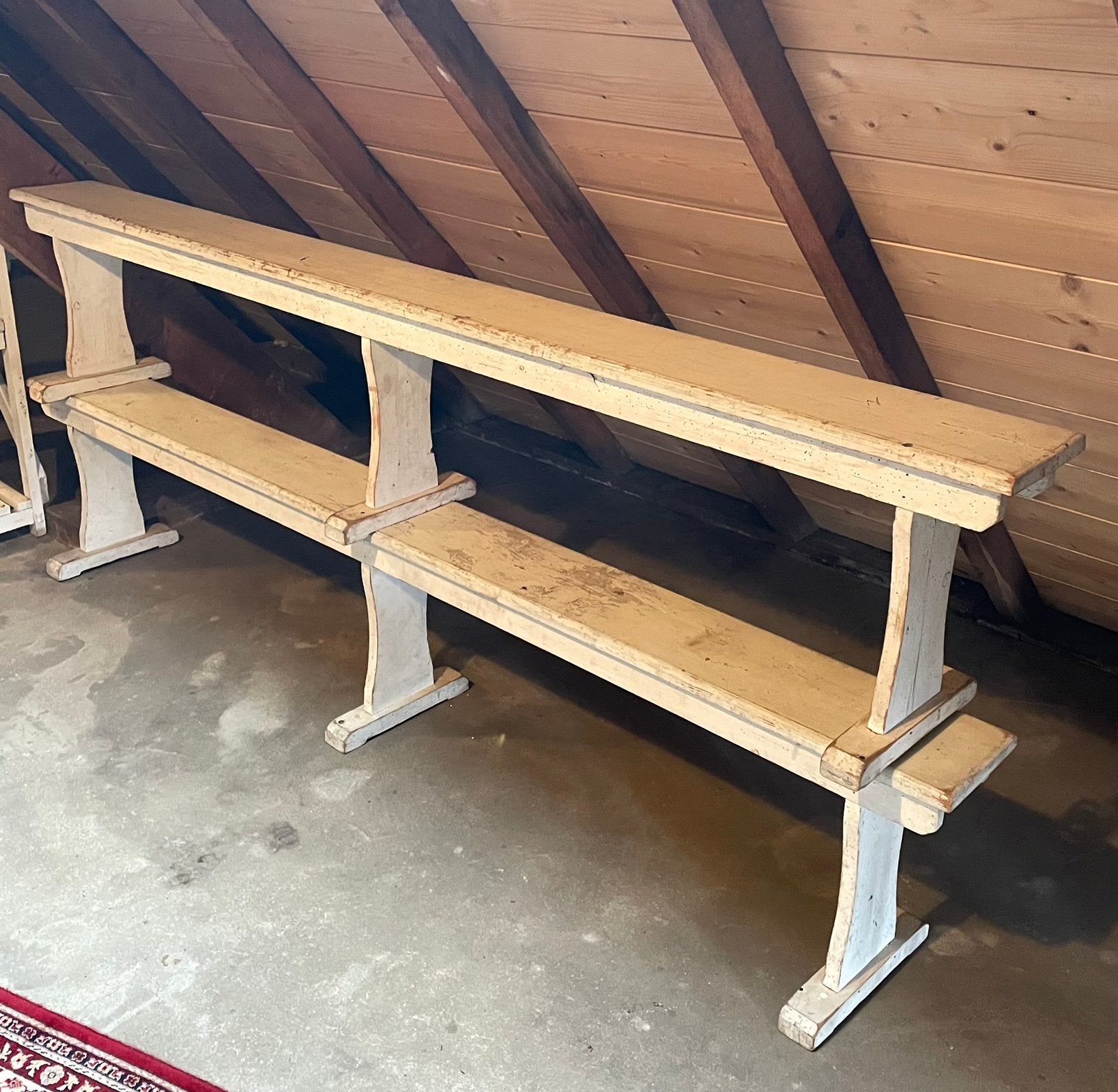 Brocante oude houten Franse gymzaal banken / bank 220 cm, Ophalen