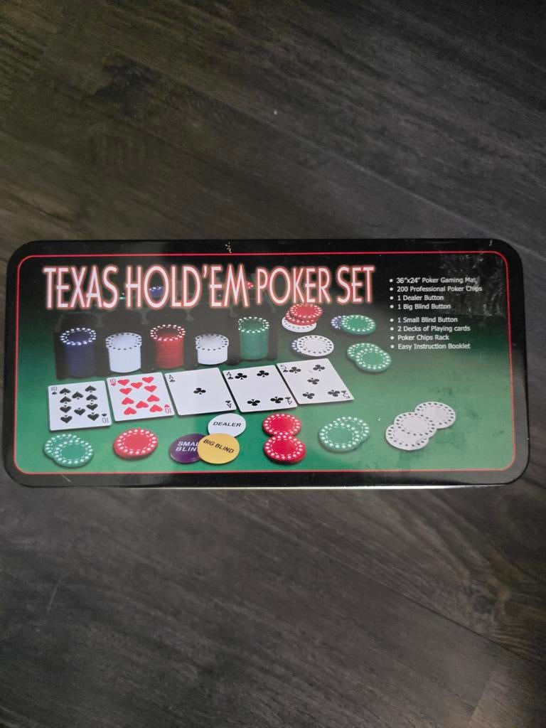 Texas Hold'em Poker Set in Blikken Doos, Hobby en Vrije tijd, Gezelschapsspellen | Bordspellen, Gebruikt, Vijf spelers of meer