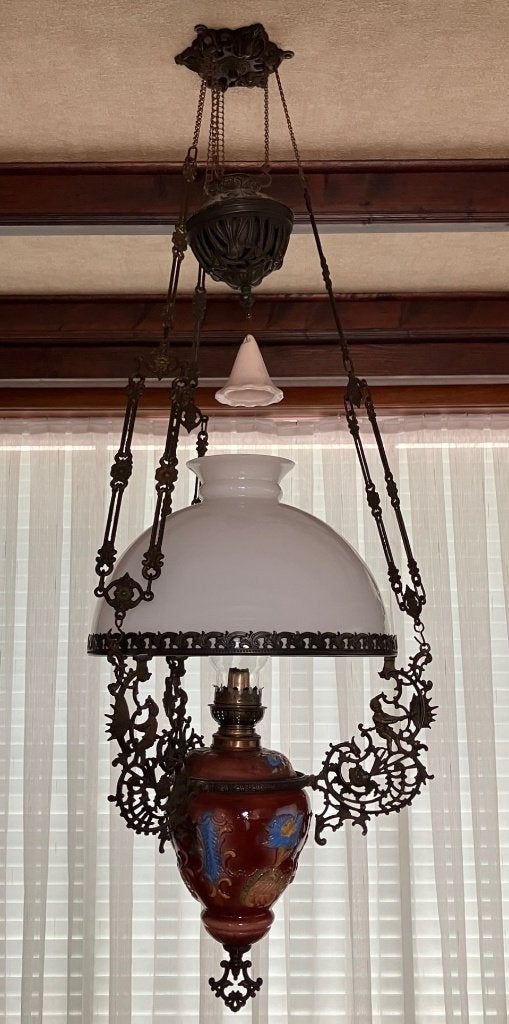 Antieke olielamp hanglamp in hoogte verstelbaar m.contragew., Antiek en Kunst, Ophalen