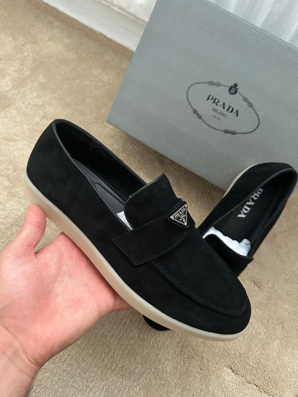 Prada Suède Loafers, Loafers, Zwart, Nieuw, Ophalen of Verzenden
