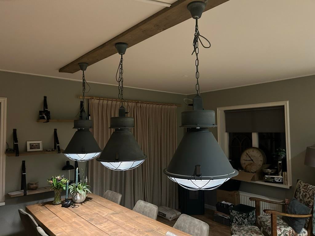 Set van 3 Industriële Hanglampen voor Keuken of Eetkamer, Huis en Inrichting, Ophalen, Zo goed als nieuw, Metaal, 75 cm of meer