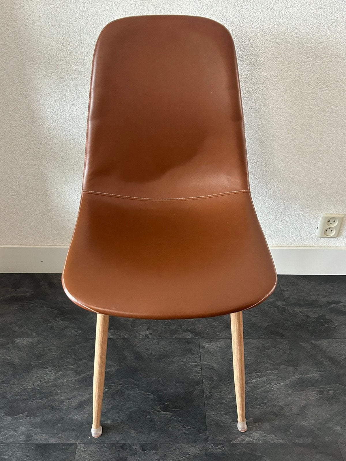 Eetkamerstoelen cognac kunstleer/naturel eiken, Huis en Inrichting, Stoelen, Ophalen, Zo goed als nieuw, Bruin