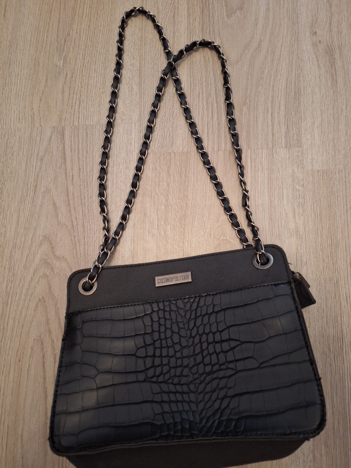 Zwarte handtas/schoudertas met croco-print en ketting, Ophalen of Verzenden, Gebruikt, Zwart, Handtas