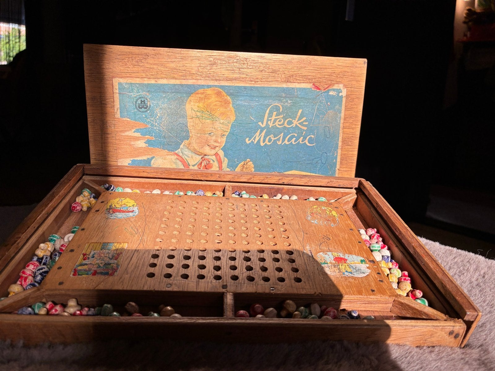 Vintage Steck Mosaic spel - Houten mozaïek speelgoed, Ophalen of Verzenden, Gebruikt, Knutselen
