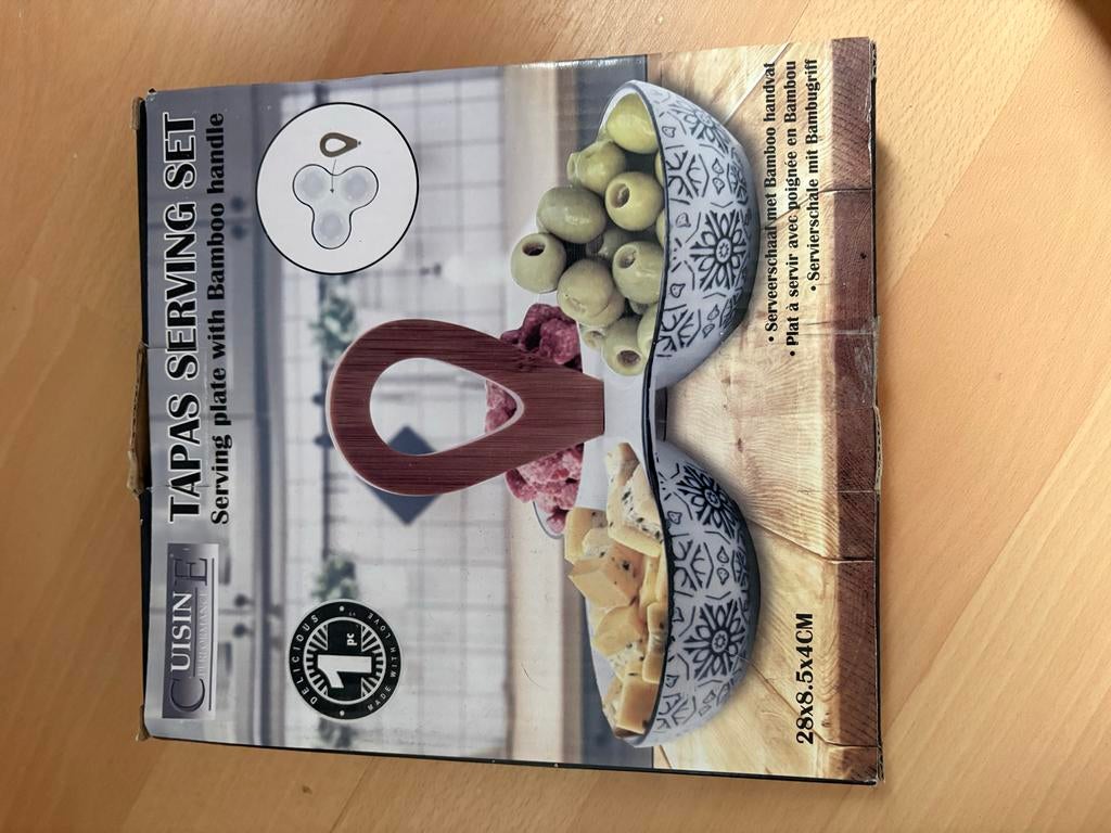 Tapas serveerset met bamboe handvat - Nieuw in doos, Huis en Inrichting, Keuken | Keukenbenodigdheden, Nieuw, Ophalen of Verzenden