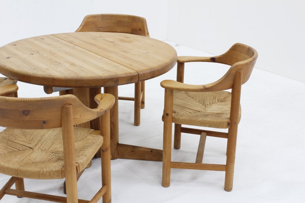 Vintage uitschuifbare eettafel en eetkamerstoelen papercord, Ophalen, Gebruikt, 100 tot 150 cm, 200 cm of meer