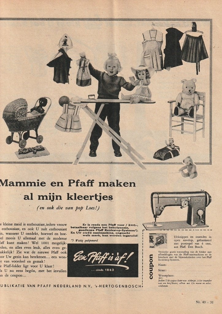 Retro reclame 1958 Pfaff naaimachine meisje met pop & beer, Verzenden, Overige typen