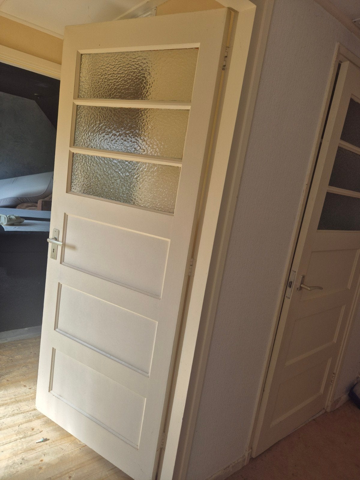 Vintage houten binnendeur met glas - 82,7 x 207 cm, Doe-het-zelf en Verbouw, Deuren en Horren, Ophalen, Gebruikt, 80 tot 100 cm