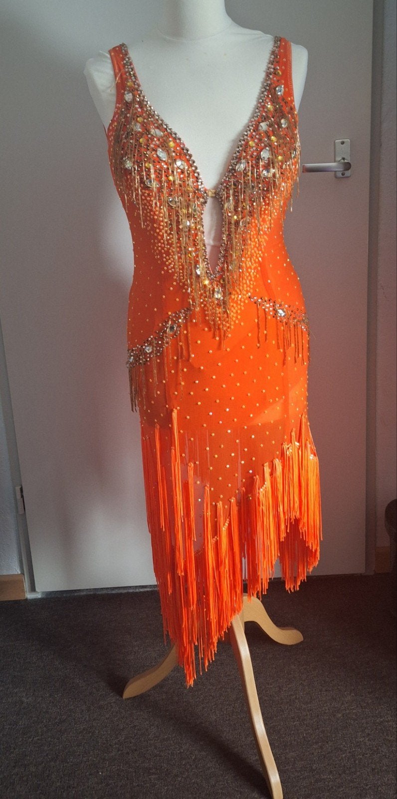 Oranje Latin Dansjurk Maat 36-38 met Sieraden en Steentjes, Maat 38/40 (M), Overige typen, Oranje, Ophalen of Verzenden