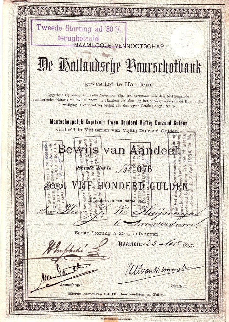 DE HOLLANDSCHE VOORSCHOTBANK TE HAARLEM BEWIJS VAN AANDEEL, Ophalen of Verzenden