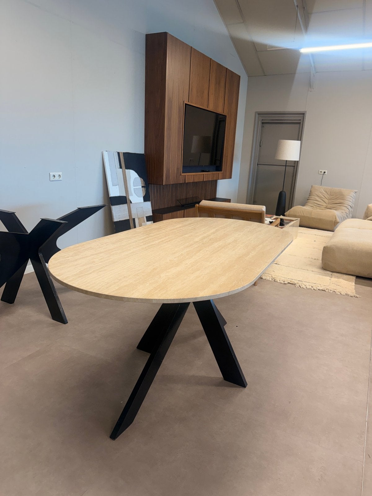 Travertin tafel 160x90 half ovaal met 3x stoel, Huis en Inrichting, Ophalen, Ovaal, 150 tot 200 cm, 50 tot 100 cm