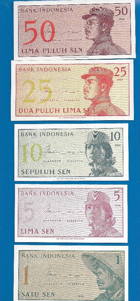 Indonesië Biljetten 1, 5, 10, 25, 50 Sen 1964 UNC, Verzenden, Zuidoost-Azië, Setje