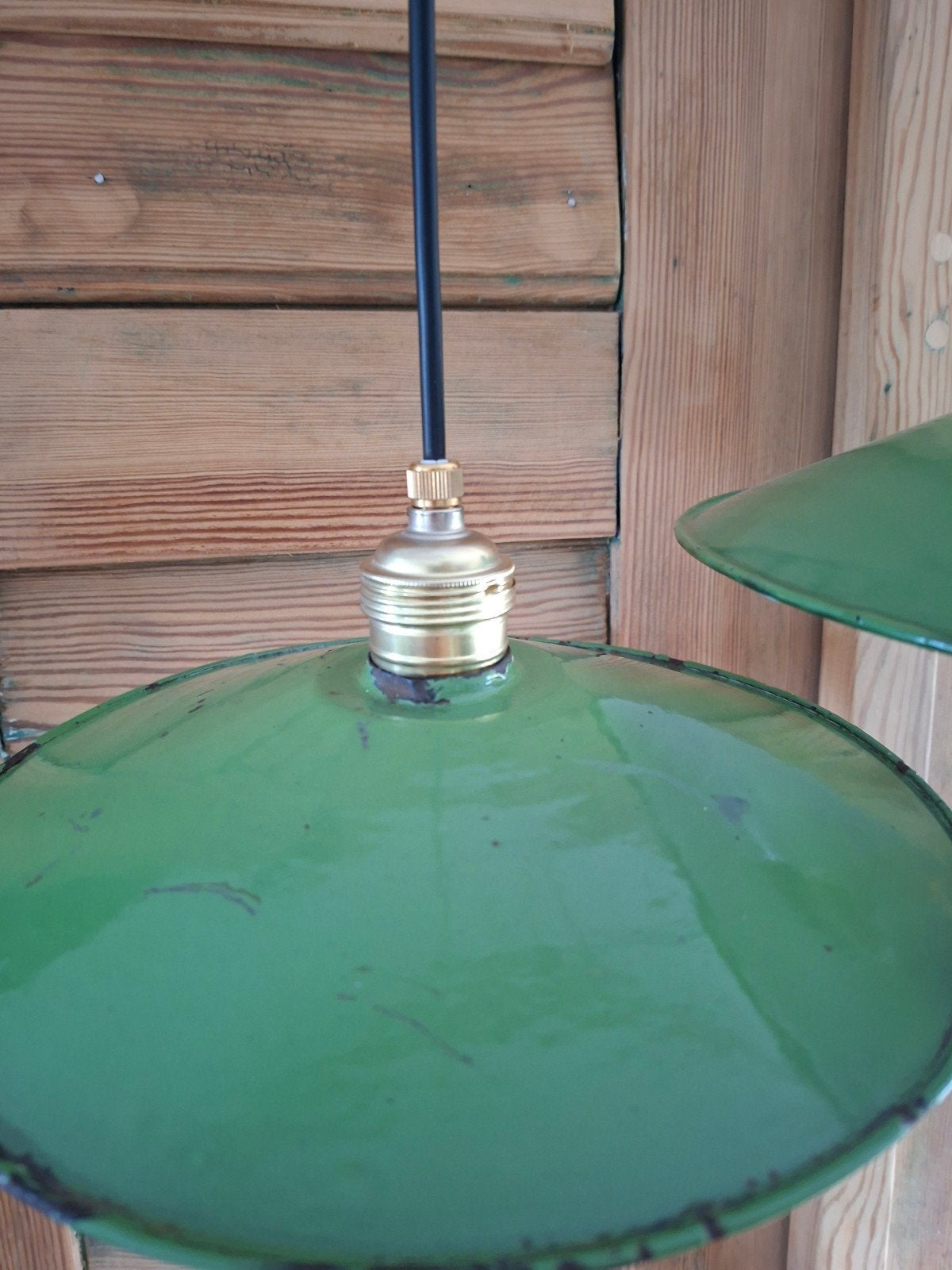 Franse emaille schotel lampen , groen emaille hanglamp, Ophalen of Verzenden
