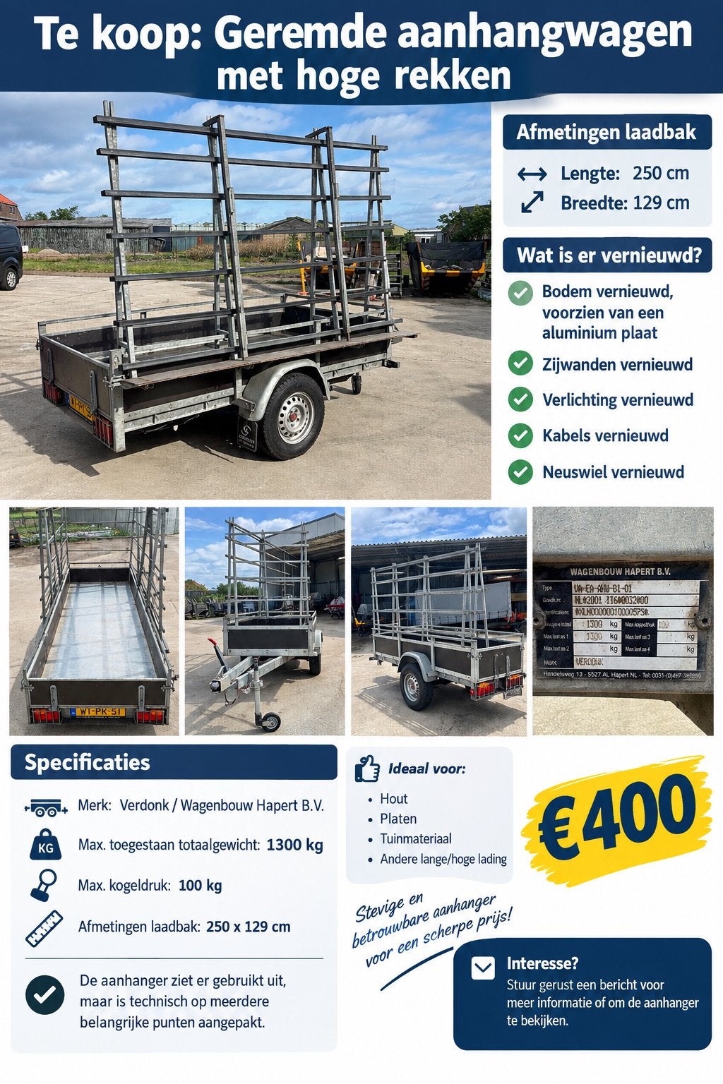 Geremde aanhangwagen met glasbok, Doe-het-zelf en Verbouw, Ophalen of Verzenden, Gebruikt