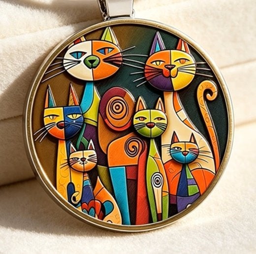 Cabochon Glashanger Abstracte Katten incl ketting, Sieraden, Tassen en Uiterlijk, Kettingen, Ophalen of Verzenden, Nieuw, Zilver