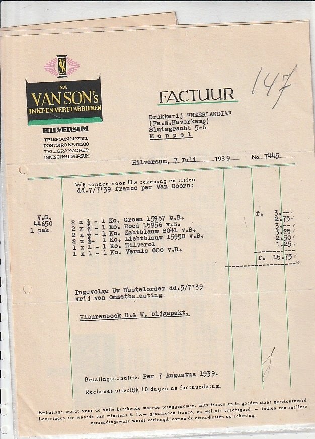 Hilversum Van Son inkt - en verffabriek factuur 1939, Ophalen of Verzenden, Zo goed als nieuw, Overige typen