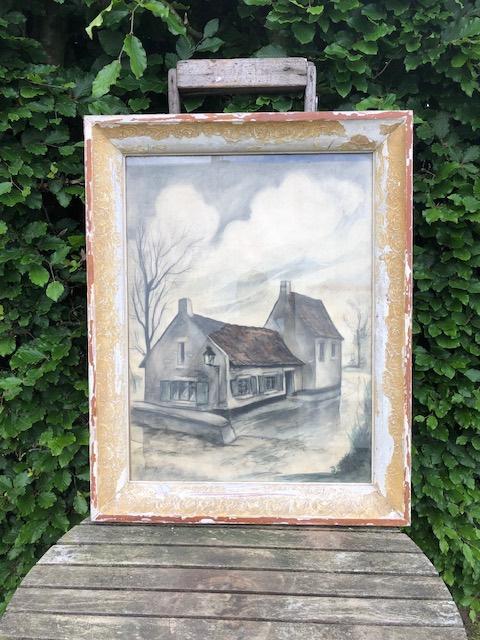 Lijst kader schilderij hoeve gesigneerd “ Evany “, Antiek en Kunst, Ophalen