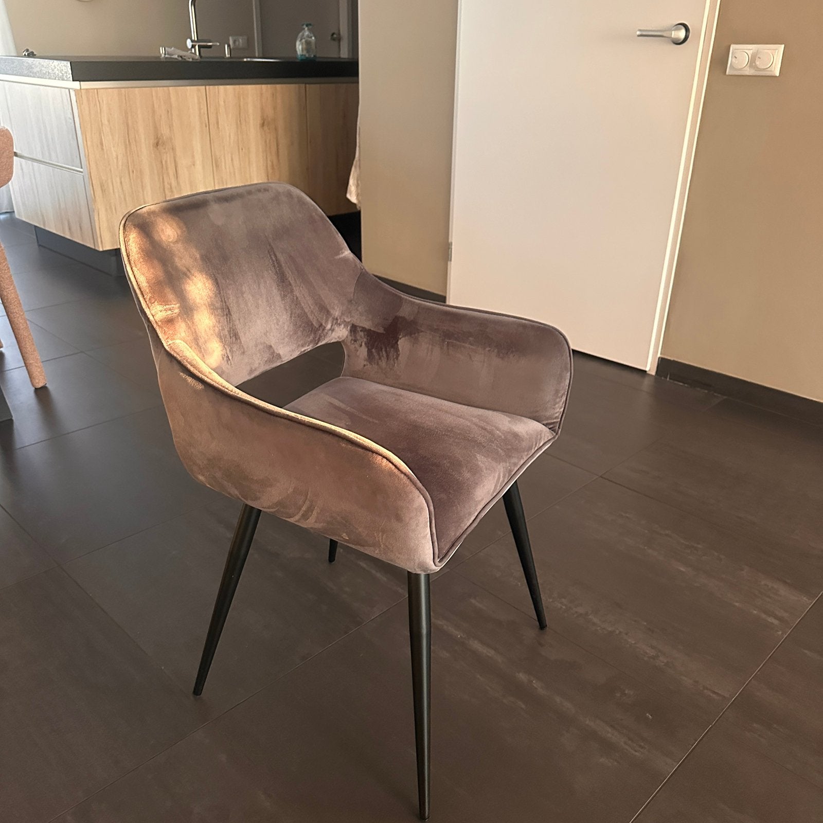 Schitterende Woood eetkamerstoelen 6 stuks, Huis en Inrichting, Ophalen of Verzenden, Zo goed als nieuw, Grijs
