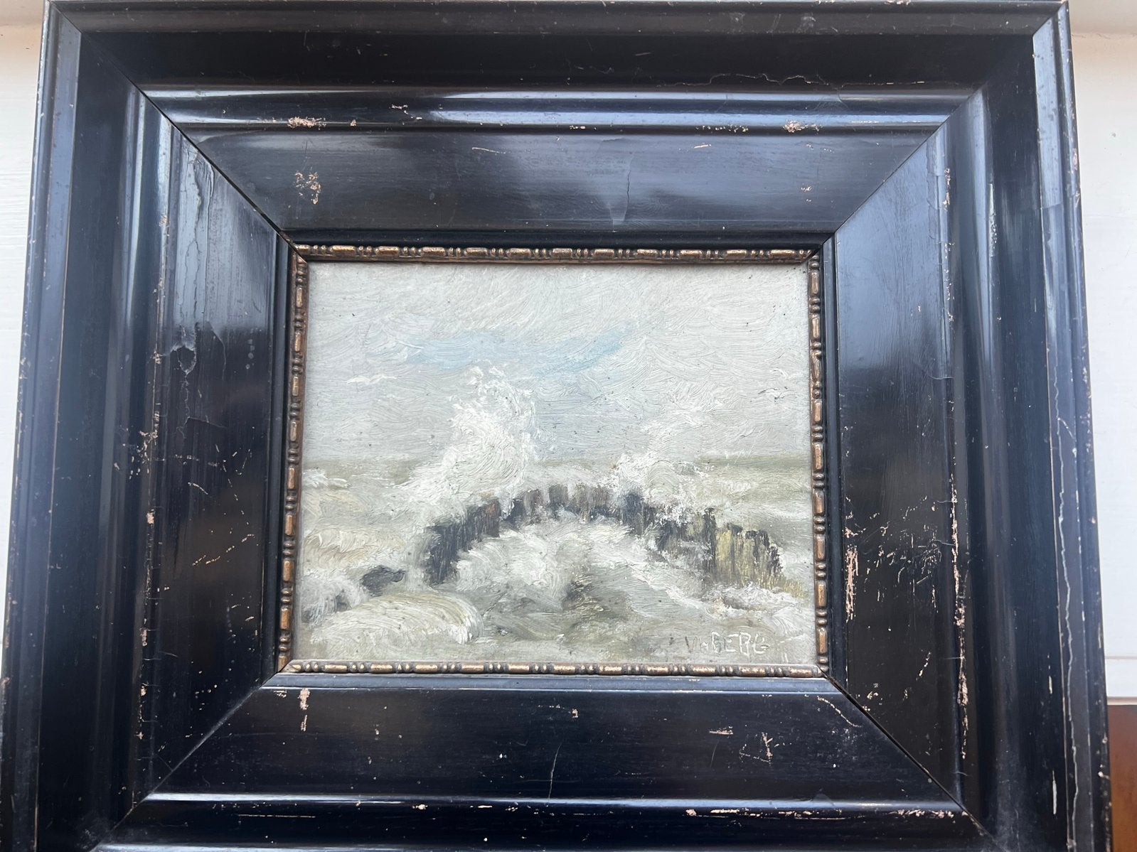 Maritiem schilderij: woeste zee met palen, gesigneerd, Ophalen, Maritiem / water, Doek, Gesigneerd