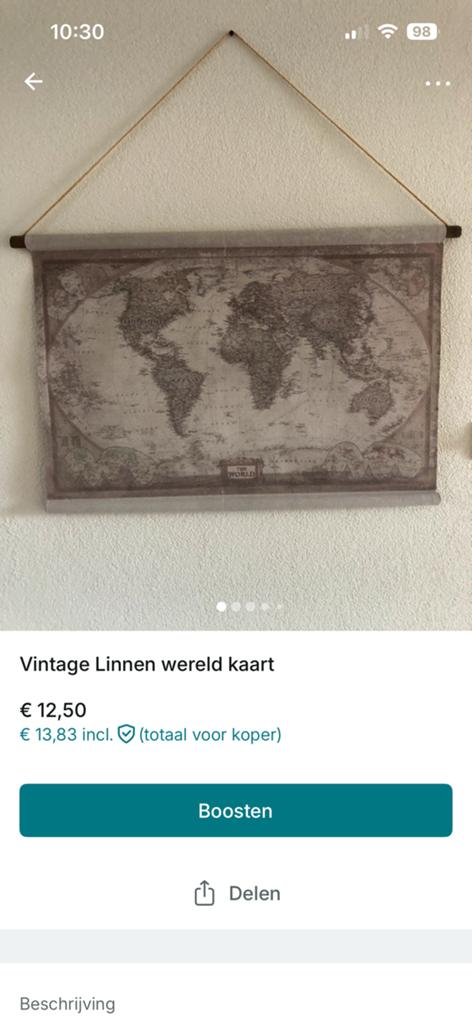 Linnen wereldkaart sephia kleuren, Ophalen of Verzenden, Zo goed als nieuw