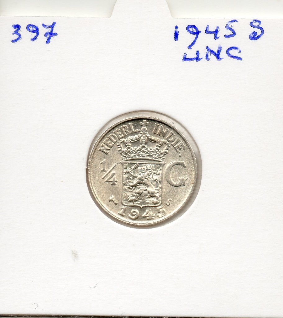 NED-INDIE 1/4 GULDEN 1945-S    ZILVER U.N.C., Postzegels en Munten, Munten | Nederland, Zilver, 25 cent, Ophalen of Verzenden