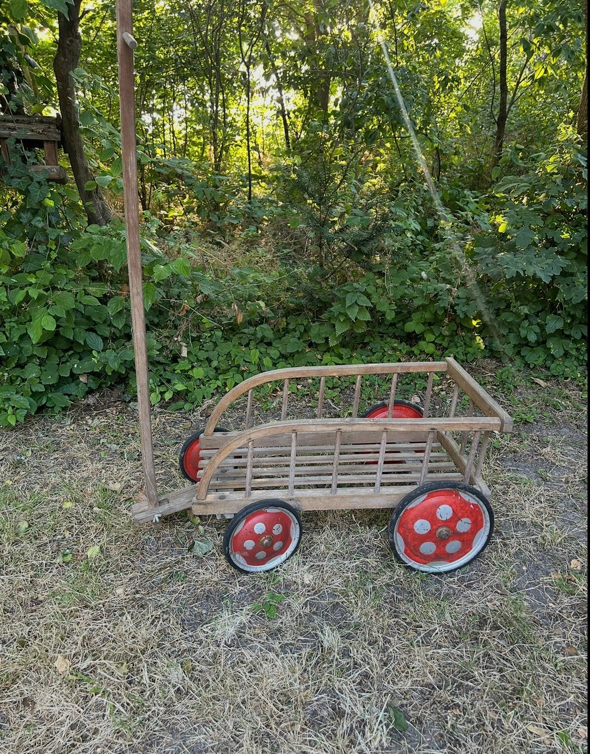 Vintage houten bolderkar met rode wielen jaren 50/60, Ophalen, Gebruikt