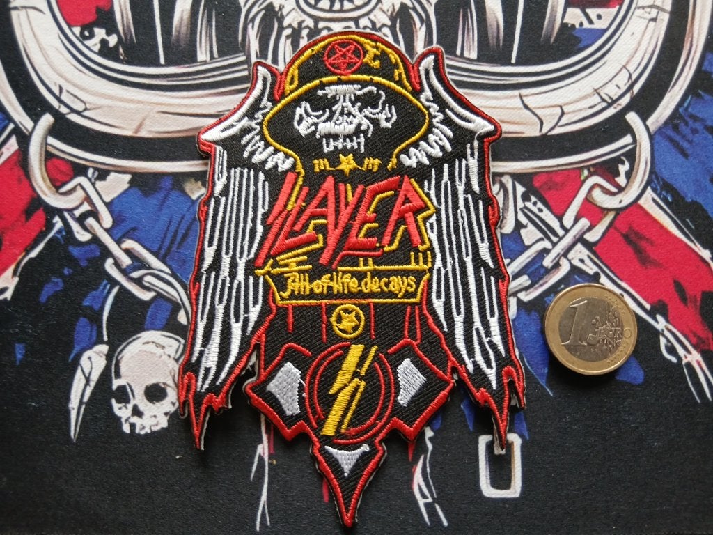 Slayer vrij mooie shaped all of life decays patch 93 metal, Verzenden, Zo goed als nieuw, Foto of Kaart