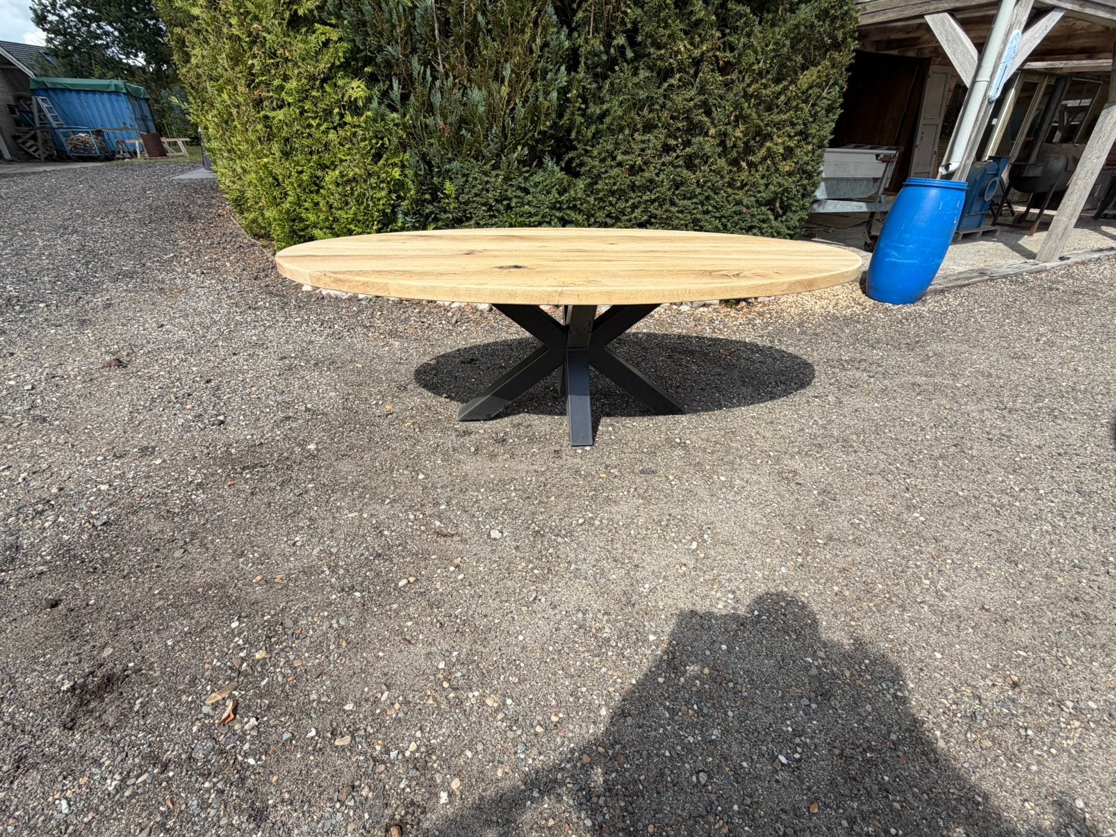 Mooie grote industriele ovale eiken tafel 240x120, 100 tot 150 cm, Ophalen of Verzenden, Vijf personen of meer, Eikenhout