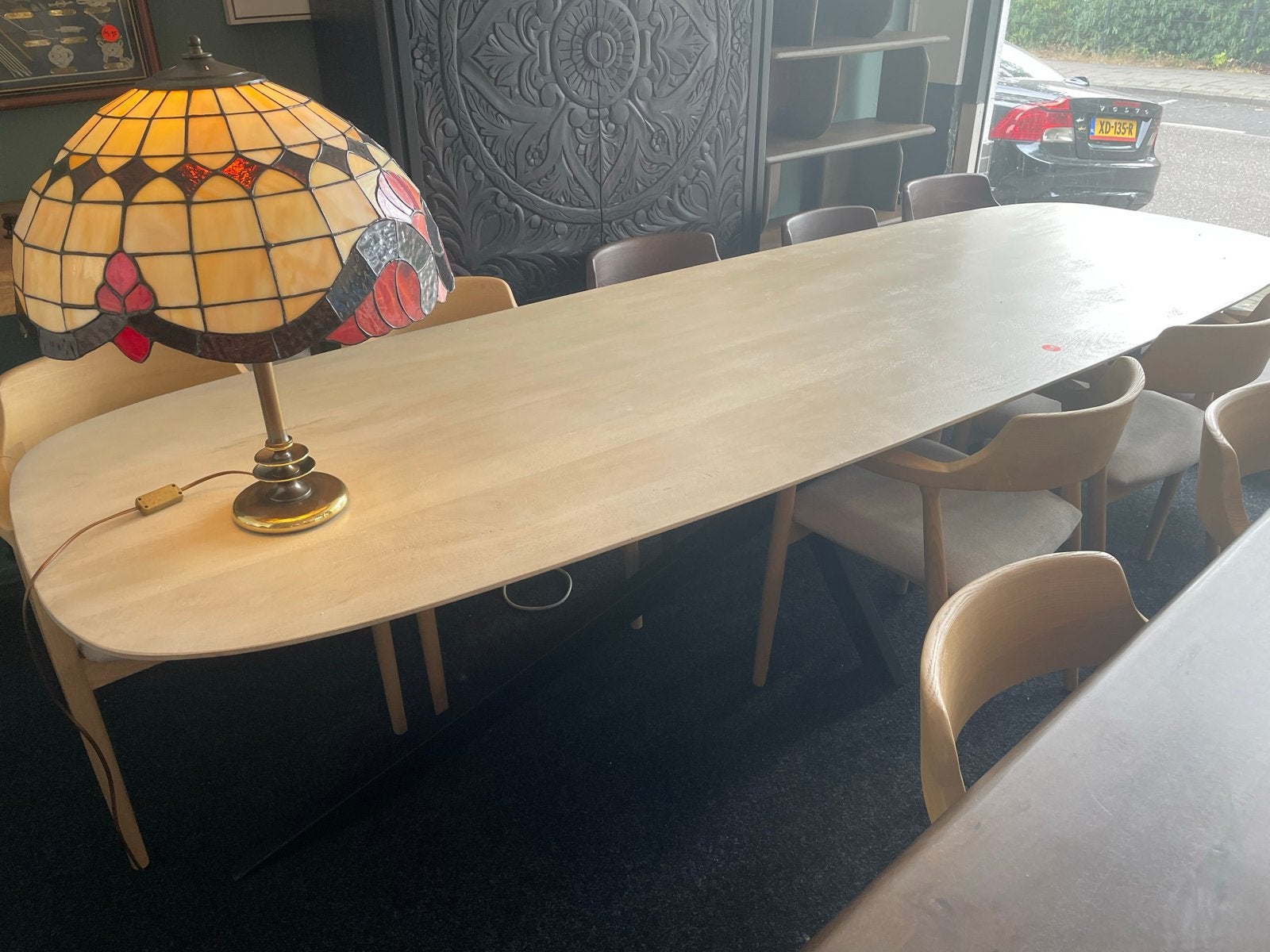 Ovale eiken eettafel 300x100 met stalen spinpoot, Huis en Inrichting, 100 tot 150 cm, Eikenhout, Vijf personen of meer, Ovaal