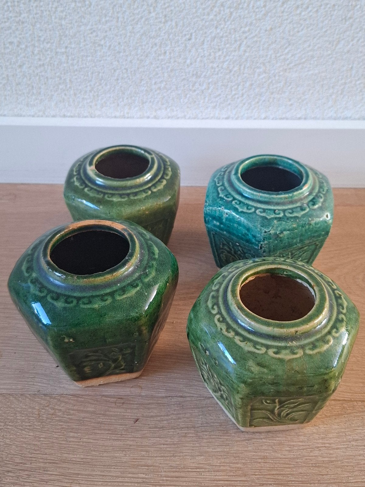 Set van 4 vintage gemberpotten in groen en blauw, Ophalen of Verzenden