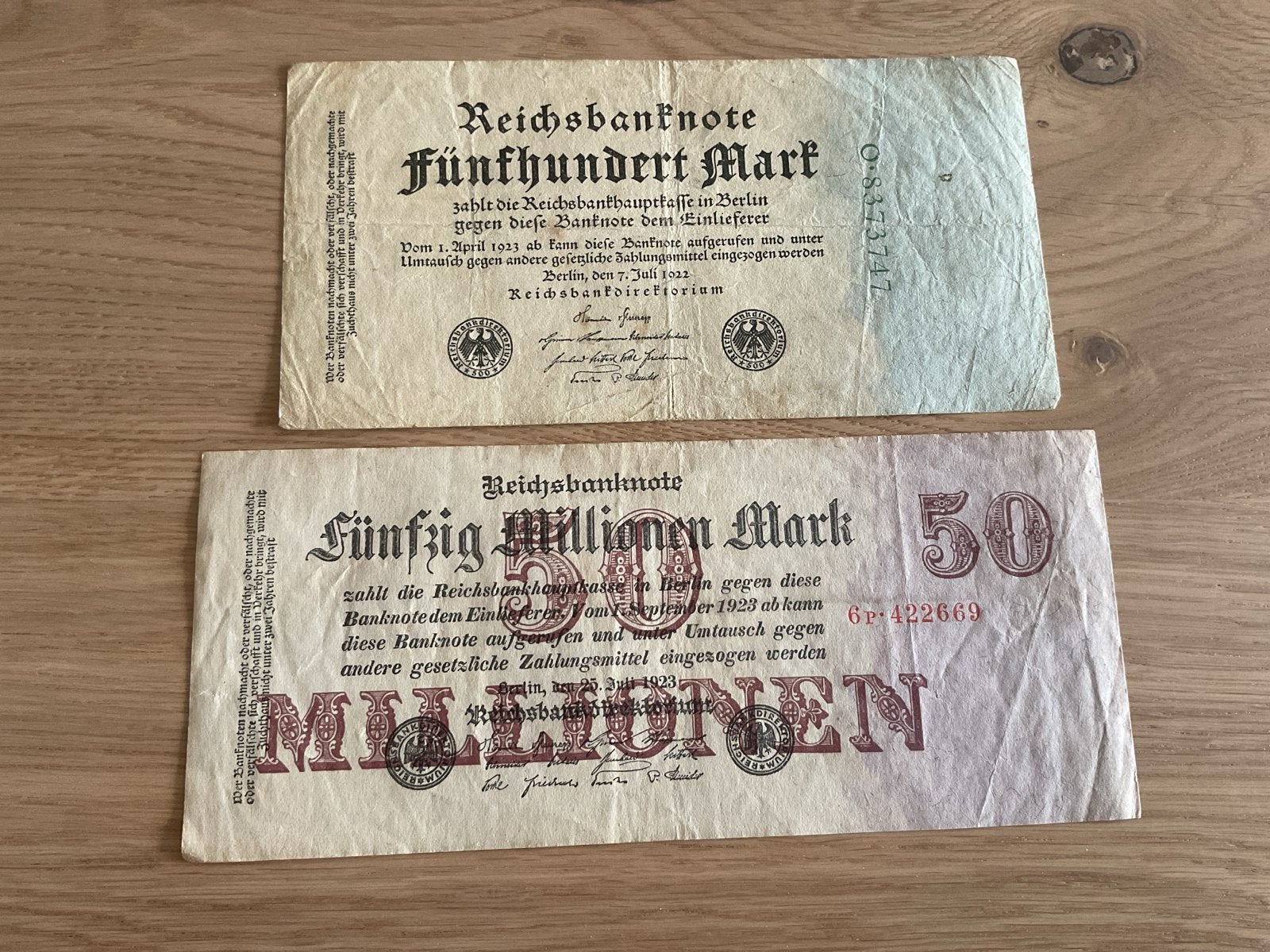 Duitse Reichsbanknoten: 500 Mark en 50 Miljoen Mark, Ophalen of Verzenden, Duitsland, Setje