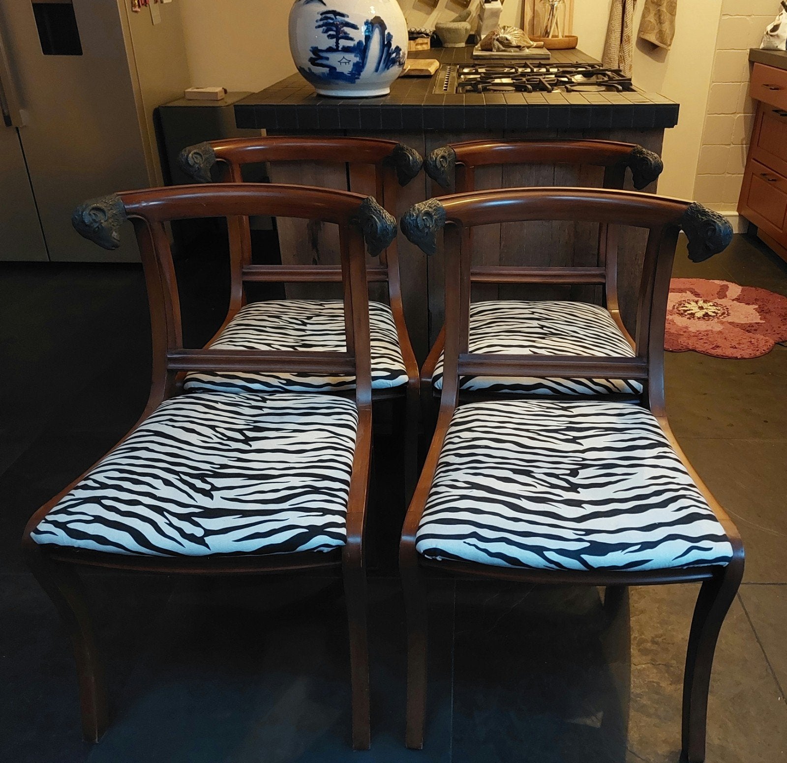 4 antieke vintage stoelen  Regency-stijl  zebra print, Huis en Inrichting, Ophalen, Hout, Gebruikt, Regency stijl