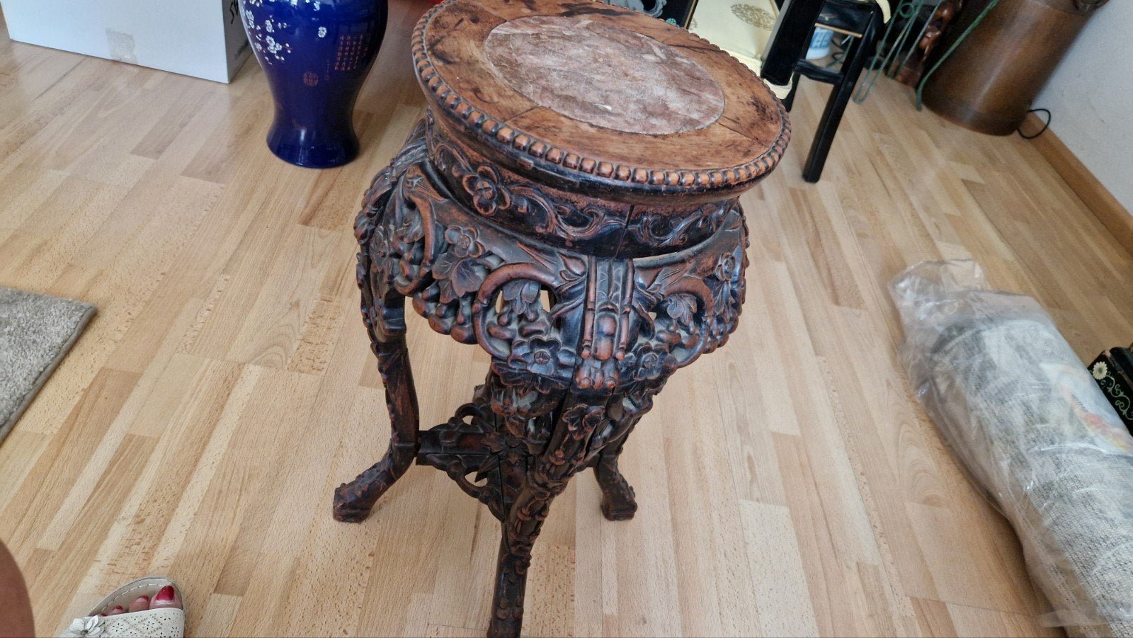 Antieke Chinese houten plantenstandaard met marmeren blad, Ophalen of Verzenden