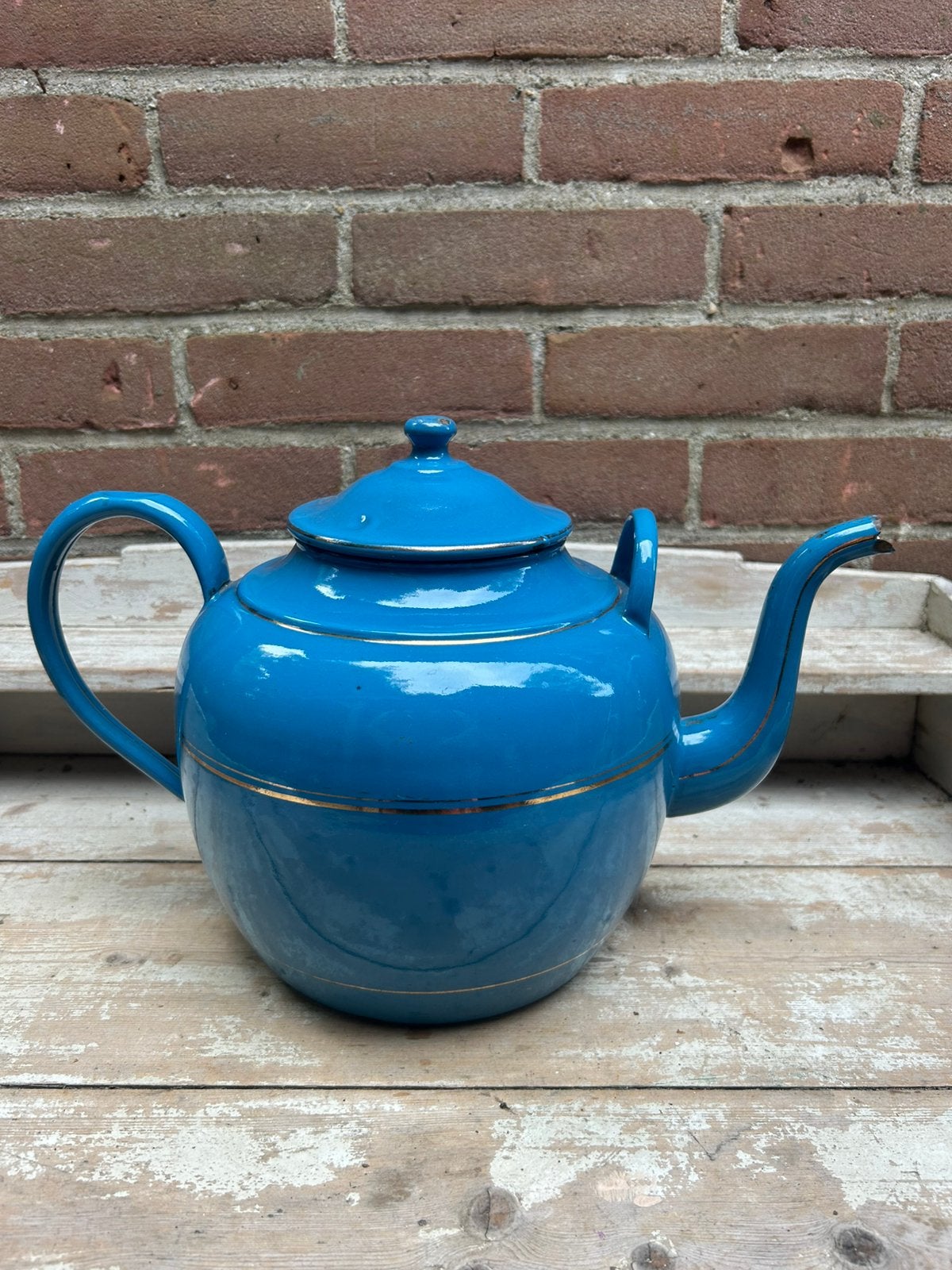 Schotse ketel konings blauw emaille met gouden bies, Ophalen of Verzenden