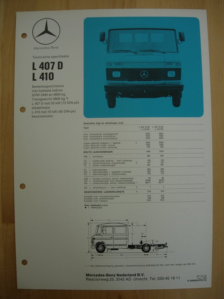 Mercedes 407 410 Technische Specificatie Brochure 1983 407D, Zo goed als nieuw, Mercedes-Benz, Mercedes, Ophalen of Verzenden
