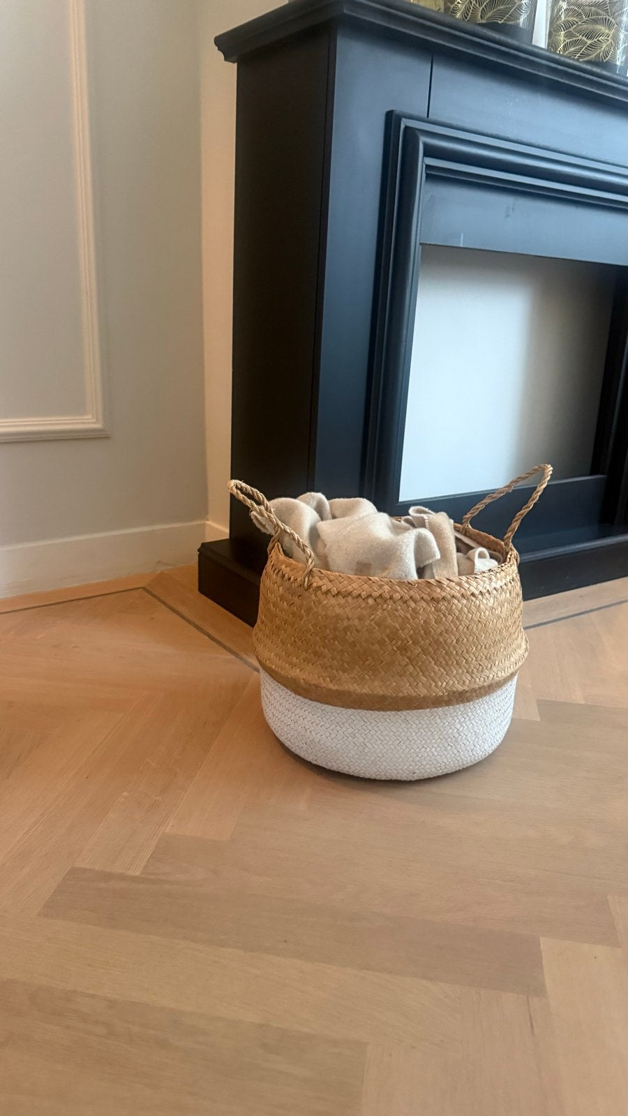 Decoratieve rieten mand met handvatten, Gebruikt, Gevlochten, Mand, Rond