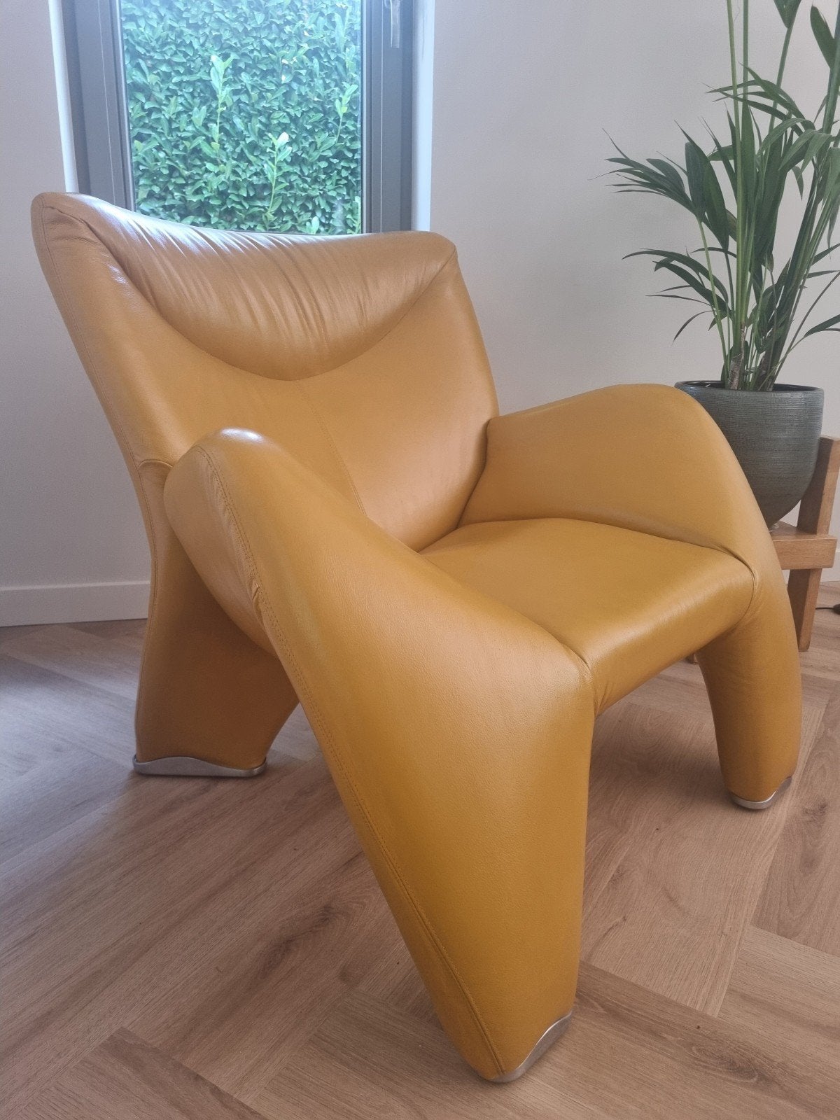 Leolux fauteuil Echnaton okergeel leder, Ophalen, Gebruikt, 75 tot 100 cm, Modern dutch design