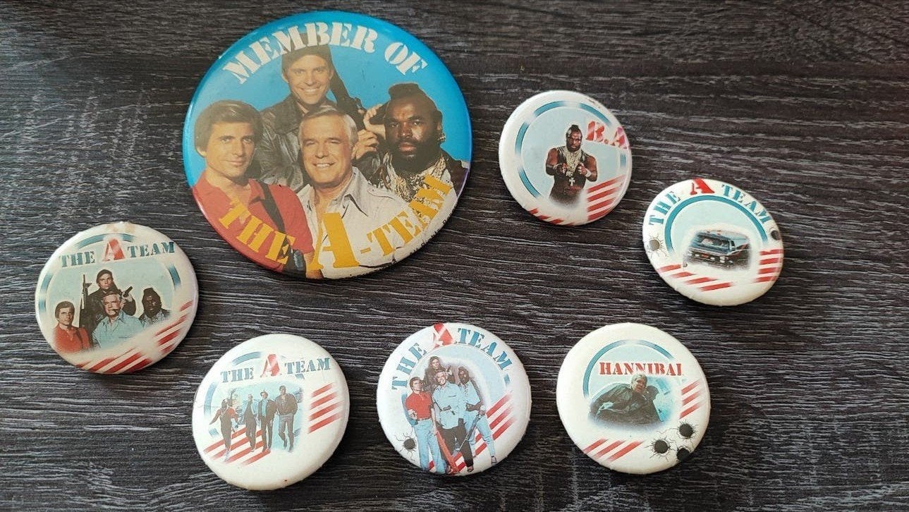 Vintage A-Team Buttons / Speldjes - Set van 7, Ophalen of Verzenden, Gebruikt, Overige onderwerpen, Button