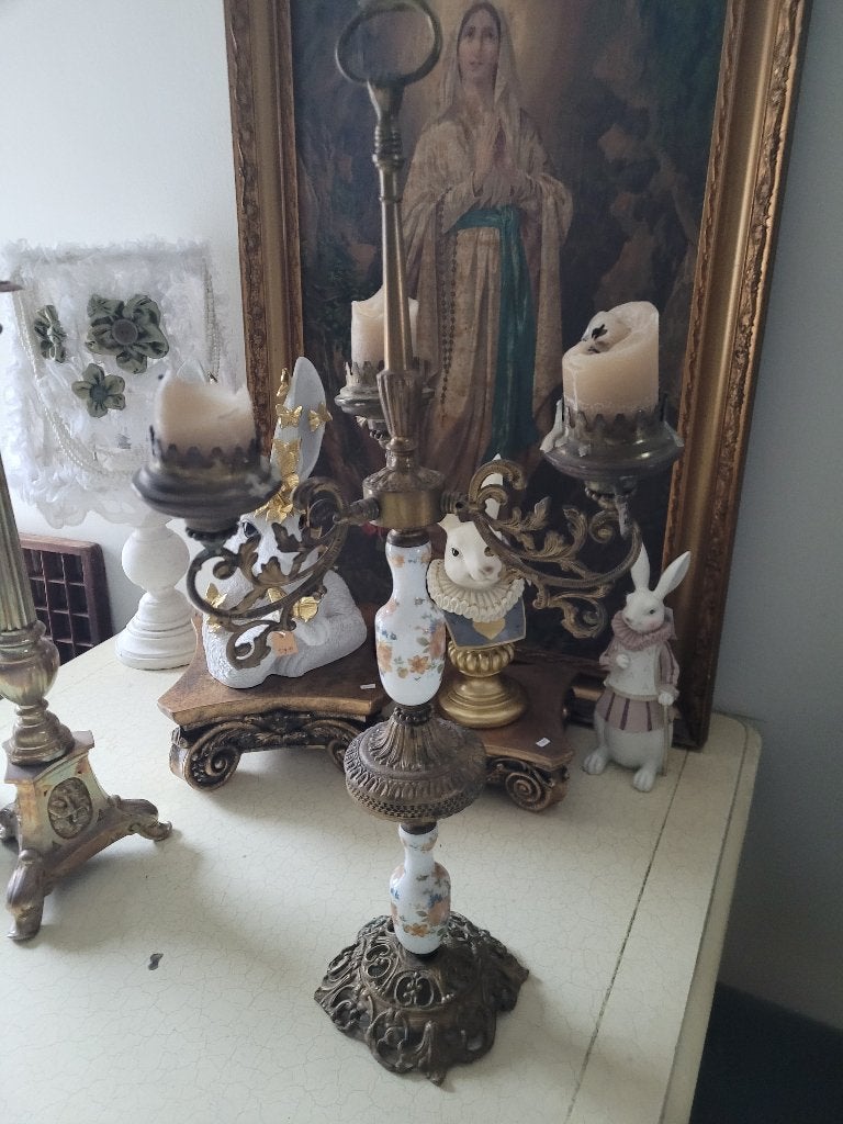 Antieke kandelaar brons met porselein, Ophalen of Verzenden, Koper of Brons