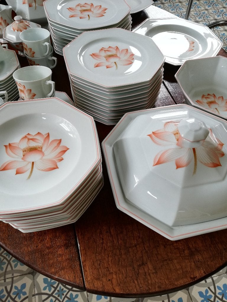 9 pers Limoges eet- en koffieservies oranje pioenroos, Huis en Inrichting, Keuken | Servies, Zo goed als nieuw, Bord(en), Overige stijlen