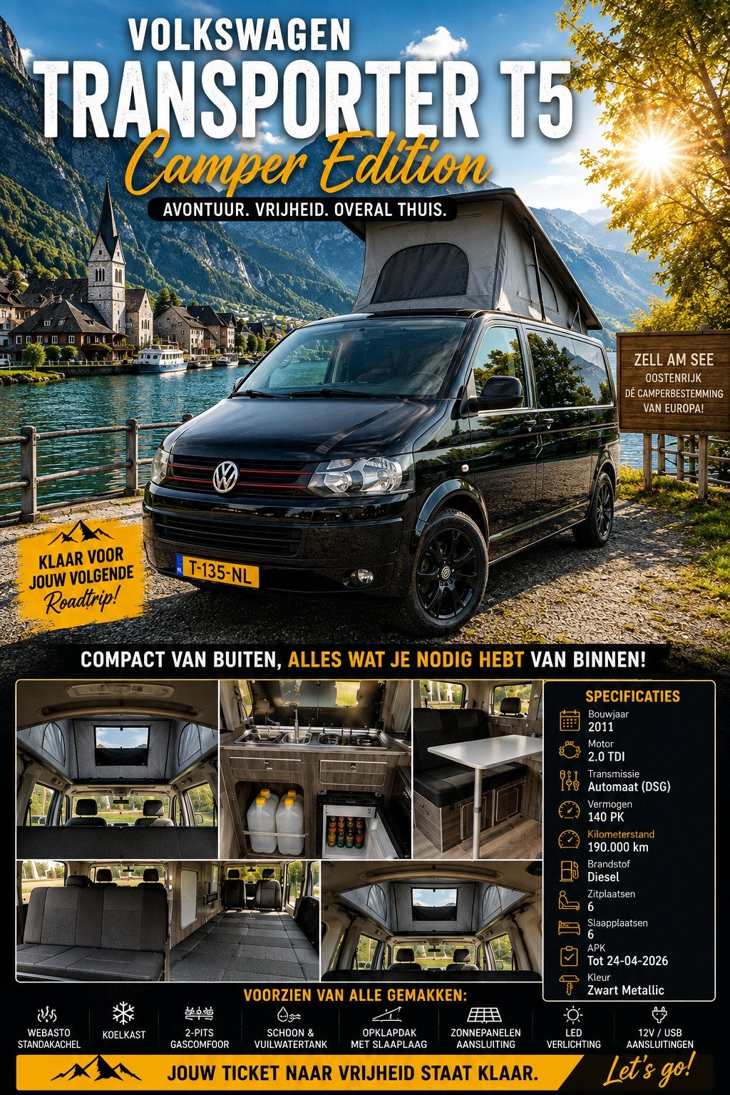 VOLKSWAGEN TRANSPORTER T5 CAMPER 2.0 TDI AUT/DSG FULL OPTION, Auto's, Volkswagen, Euro 5, 4 cilinders, 241 €/maand, 2500 kg