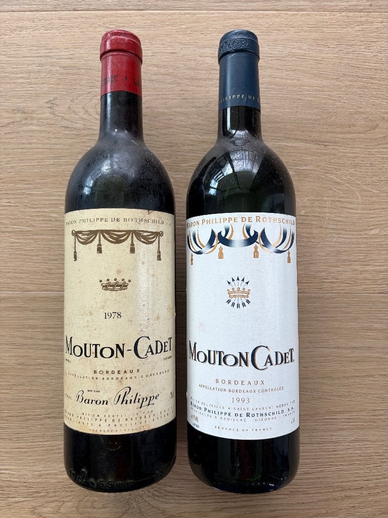 2 Flessen Mouton Cadet 1978 / 1993, Ophalen, Frankrijk, Zo goed als nieuw, Rode wijn