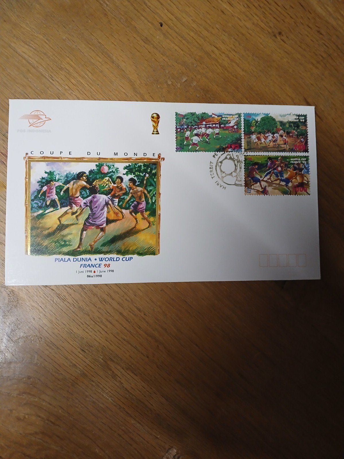 Postzegel envelop WK Voetbal Frankrijk 1998 - Indonesië, Ophalen of Verzenden, Gestempeld, Sport