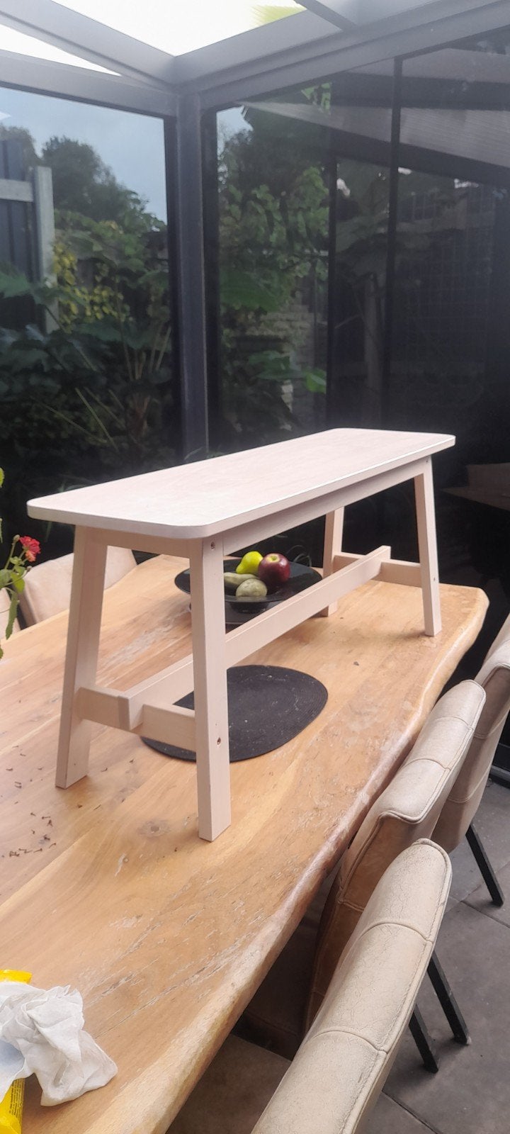Mooi wit houten bankje / salontafel / kindertafel – 100 cm, Ophalen of Verzenden, Zo goed als nieuw, Rechthoekig, Hout