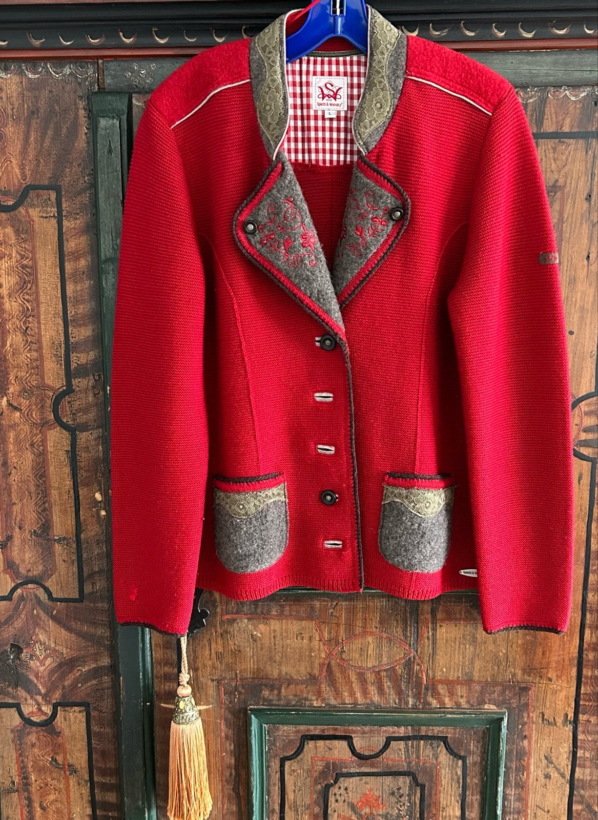 Prachtige rode trachten blazer uit Tirol voor dames, Verzenden, Maat 42/44 (L), Zo goed als nieuw, Jasje