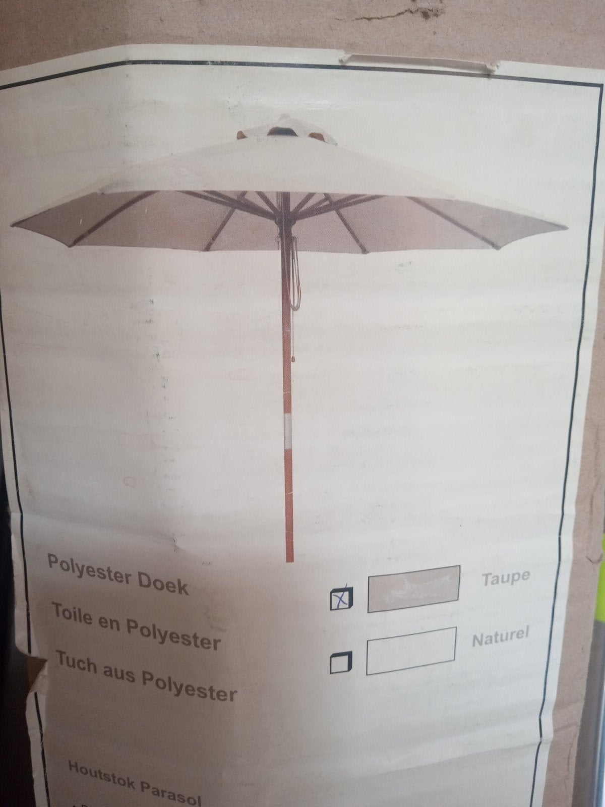 Nieuwe houten stokparasol in de kleur taupe, met een diamete, Tuin en Terras, Ophalen, Nieuw, Overige typen