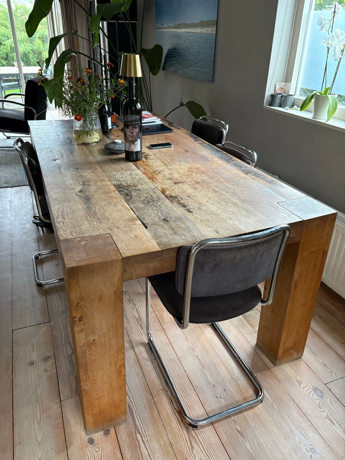 Grote robuuste eikenhouten eettafel (2x1m), Huis en Inrichting, Ophalen, Gebruikt, 100 tot 150 cm, Eikenhout